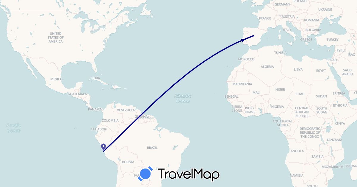 TravelMap itinerary: driving in Spain, Peru, Portugal (Europe, South America)